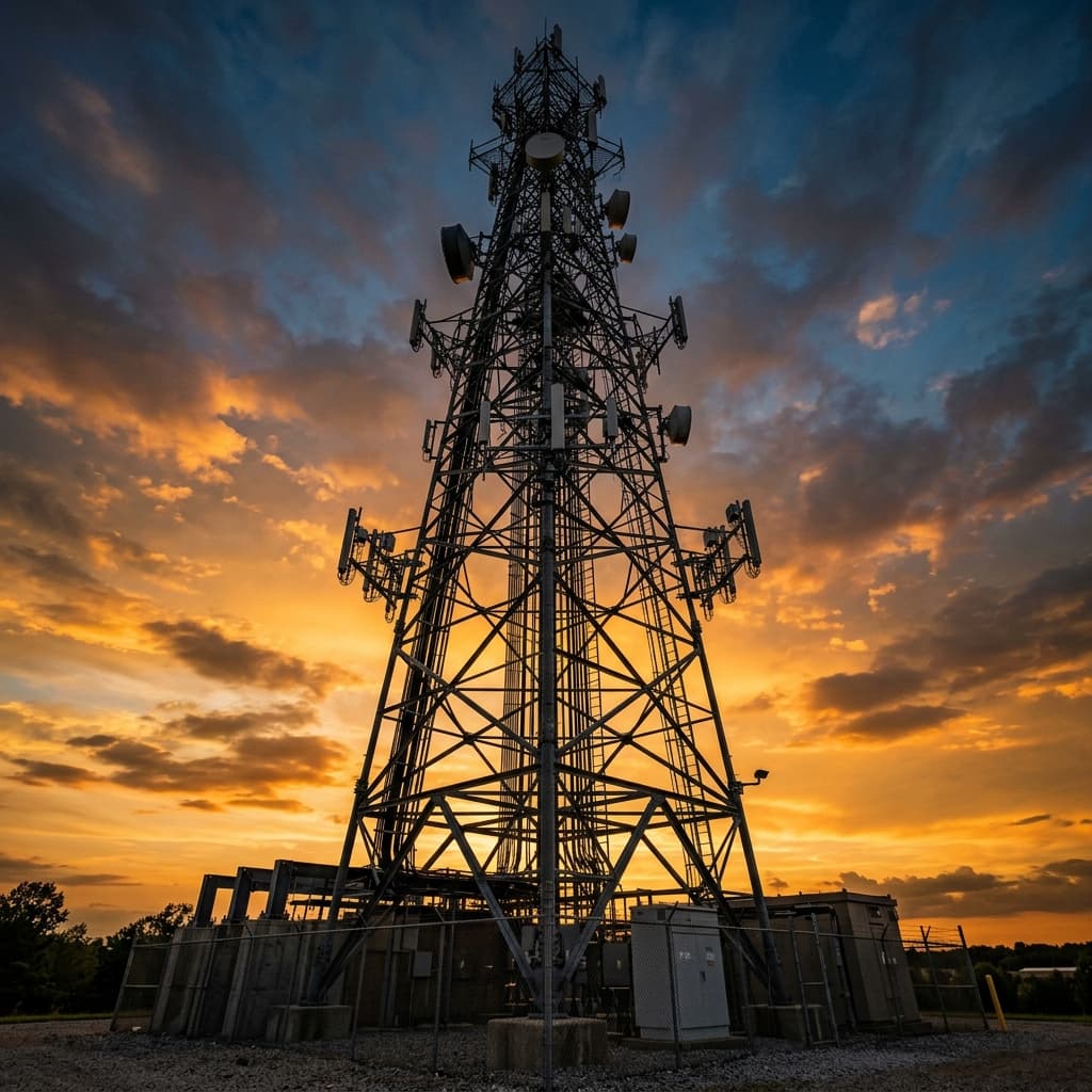 Telecommunications tower at sunset